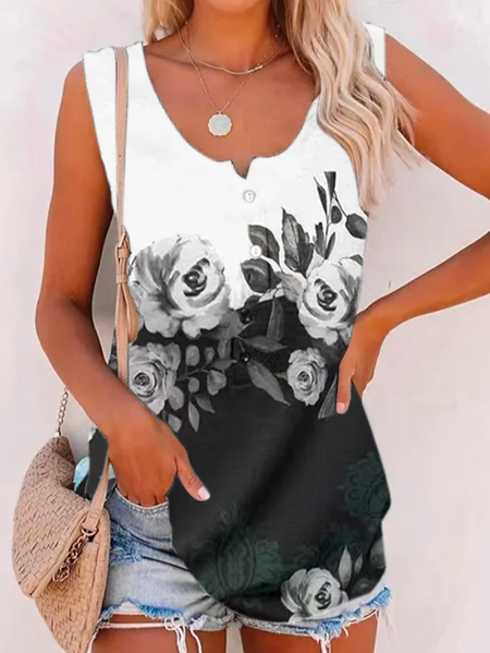 

Casual Floral Color Block V Neck Loose Tank Top, Black, Tanks & Camis