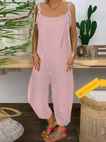 

Casual Cotton Square Neck Loose Bib Striped Pants, Stripe, Jumpsuits＆Rompers