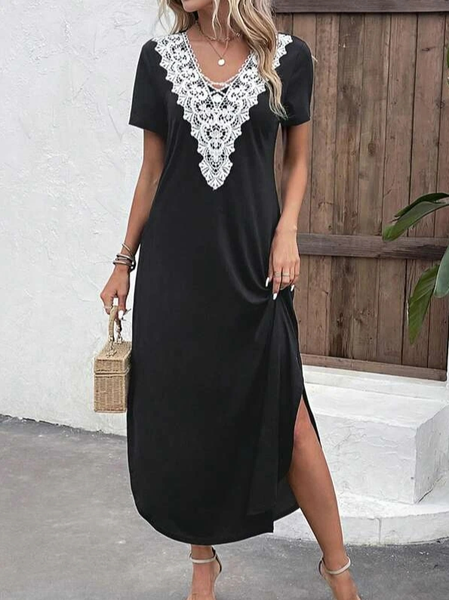 

Casual V Neck Lace Loose Plain Dress, Black, Casual Dresses