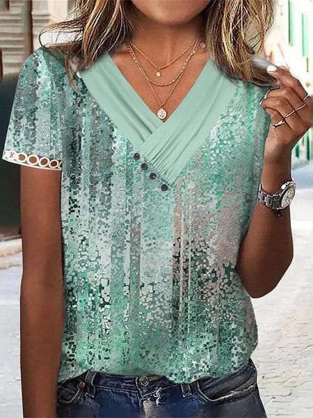 

Casual Ombre Loose Buttoned T-Shirt, Cyan, T-Shirts