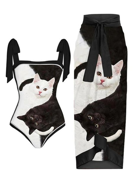 

Vacation Animal Picture Printing Square Neck One Piece With Cover Up, Black-white, swimwear>>One-Pieces