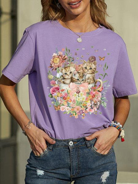 

Women's Funny Cat Lover Flower Graphic Printing Crew Neck Casual Cat Loose T-Shirt, Purple, T-shirts