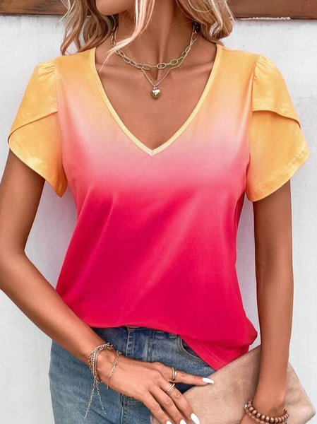 

Loose V Neck Casual Ombre Shirt, Red, Shirts & Blouses