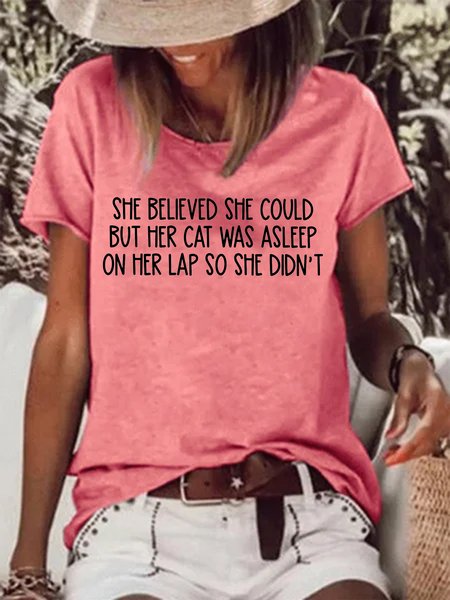 

Women's Funny Cat She Believed She Could But Her Cat Was Asleep On Her Lap So She Didn't Graphic Printing Loose Cat Casual T-Shirt, Red, T-shirts