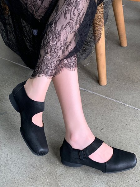 

Vintage Cut-out Square Toe Slip On Ballet Shoes, Black, Flats