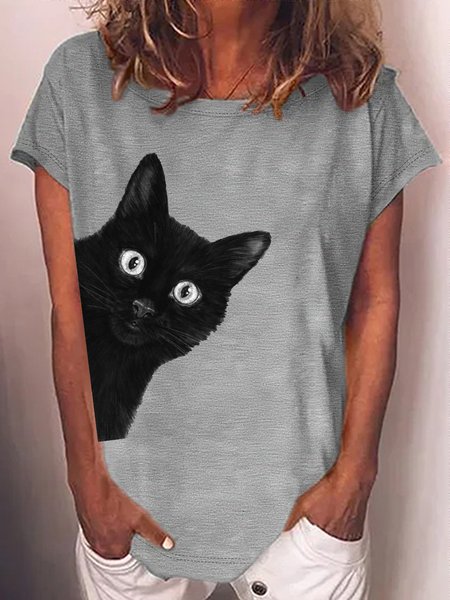 Women's Black cat Print Crew Neck Casual T-Shirt, Gray, T-shirts