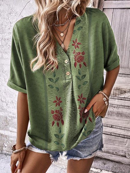 

Casual Loose Floral V Neck Shirt, Green, Shirts & Blouses