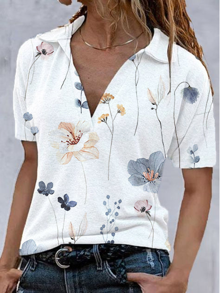 Casual Shirt Collar Floral Shirt, White, Shirts & Blouses