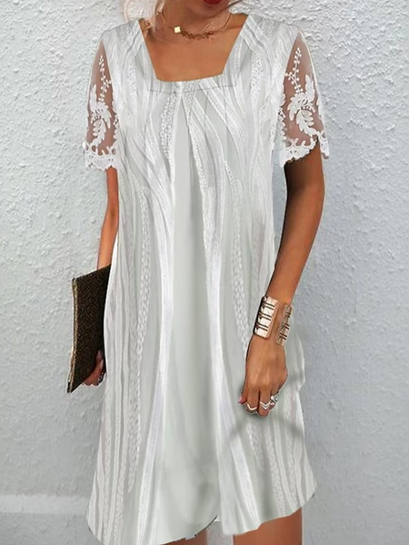 

Loose Plain Casual Square Neck Dress, White, Dresses