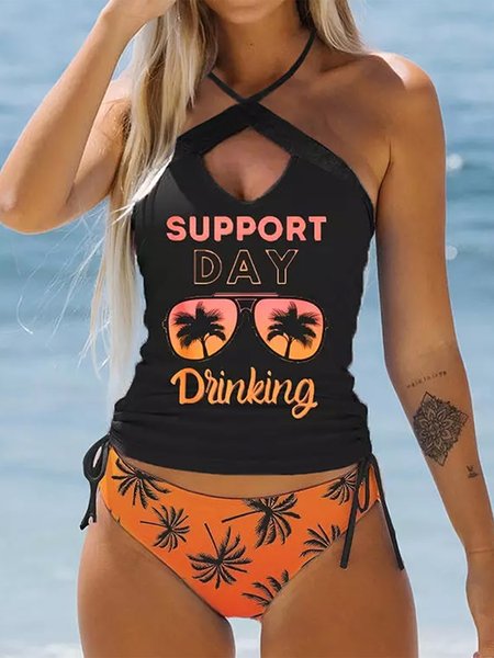 

Vacation Plants Printing V Neck Tankini, Orange, swimwear>>Tankinis