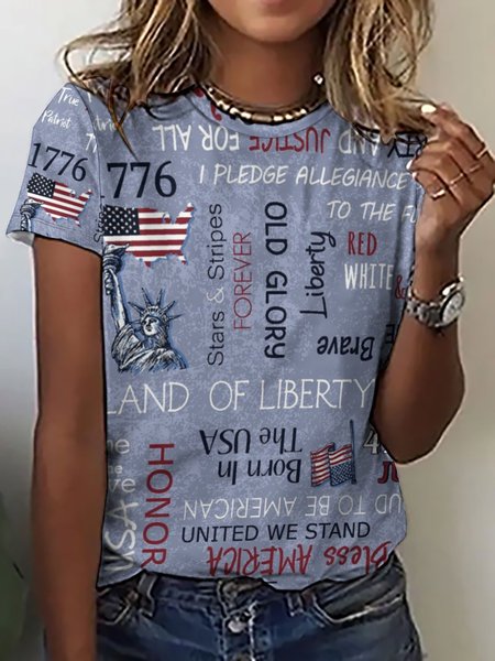 

Women’s Patriotic Words Print Casual Flag T-Shirt, Blue, T-shirts