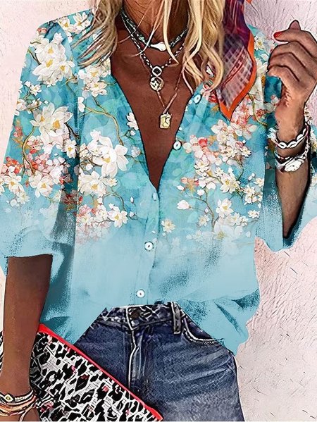 

Loose V Neck Casual Floral Blouse, Blue, Shirts & Blouses