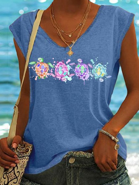 

Women's Turtles Sea Beach summer print V Neck Casual Tank Top, Blue, Tank Tops