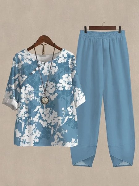 

Loose Crew Neck Casual Two-Piece Set, Blue, Suit Set