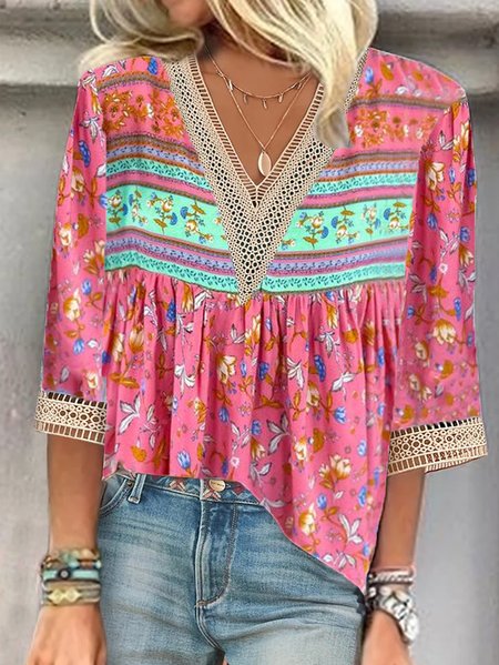

Ethnic V Neck Casual Lace Shirt, Deep pink, Shirts & Blouses