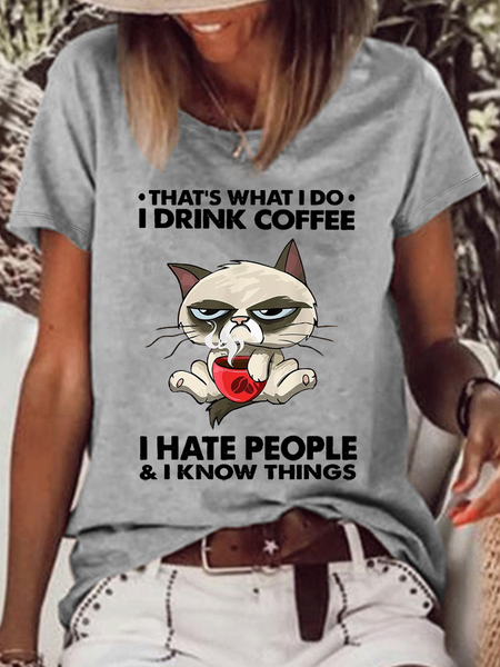 

Women's Cute Meow Cat That's What I Do I Drink Coffee I Hate People & I Know Things T-Shirt, Gray, T-shirts