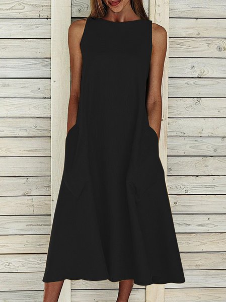 

Women Casual Plain Sleeveless Crew Neck Pockets Cotton and Linen Summer Midi Tank Dress, Black, Midi Dresses