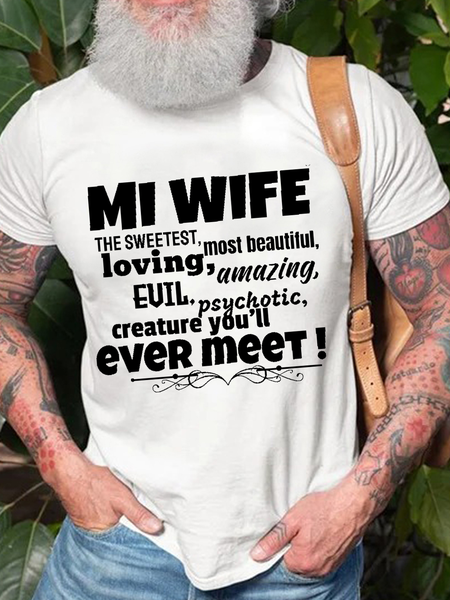 

Men's Cotton Funny Word My Wife Casual Crew Neck T-Shirt, White, T-shirts