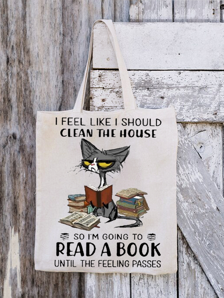 

Women's Reading Lover Cat Print Shopping Tote, White, Bags