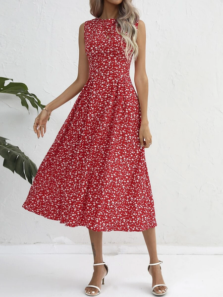 

Crew Neck Loose Floral Elegant Ditsy Floral Print Sleeveless Dress, Red, Dresses