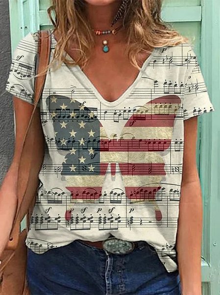 

America Flag Loose Casual T-Shirt, Light khaki, T-Shirts