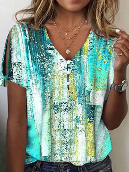 

Loose Ombre V Neck Casual T-Shirt, Cyan, T-Shirts