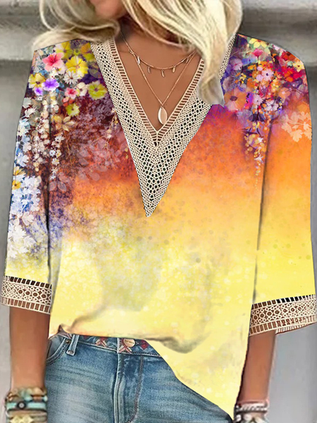 

Casual Lace Loose V Neck Shirt, Yellow, Shirts & Blouses