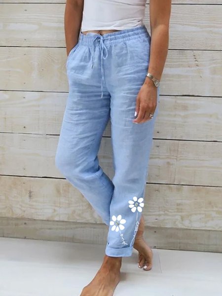 

Floral Loose Casual Cotton Pants, Blue, Clothing