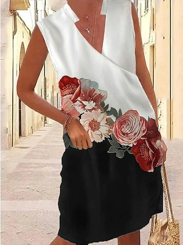 

V Neck Floral Casual Loose Dress With No Belt, White, Casual Dresses