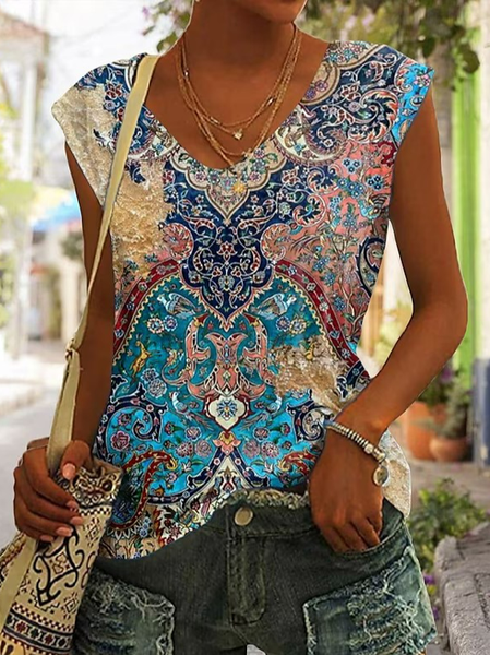 

Vintage Loose V Neck Tank Top, Blue, Tanks & Camis