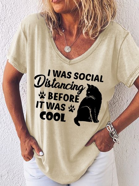 

Women's Funny I Was Social Distancing Before It Was Cool Graphic Printing Text Letters Loose V Neck Casual T-Shirt, Khaki, T-shirts