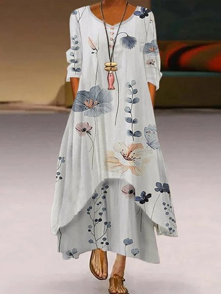 

Womens Loose Floral Casual V Neck Dresses, White, Dresses