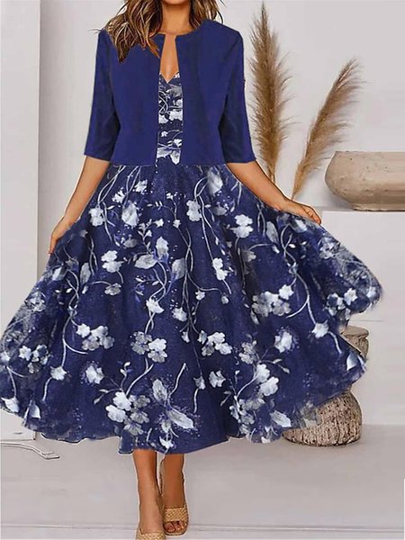 

Regular Fit V Neck Elegant Two-Piece Set, Dark blue, Floral Dresses