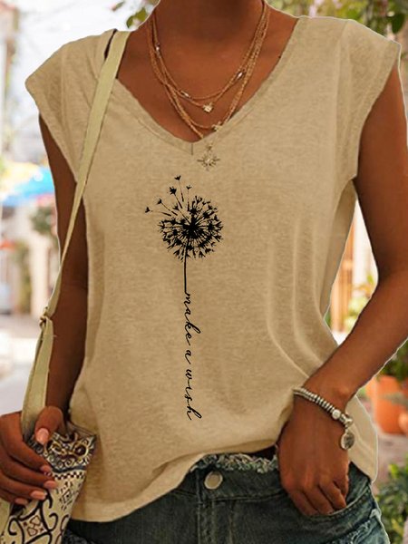 

Women‘s Cute Make A Wish Dandelion Printed V Neck Tank Top, Khaki, Tank Tops