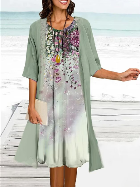 

Floral Elegant Chiffon Two-Piece Set, Green, Suit Set