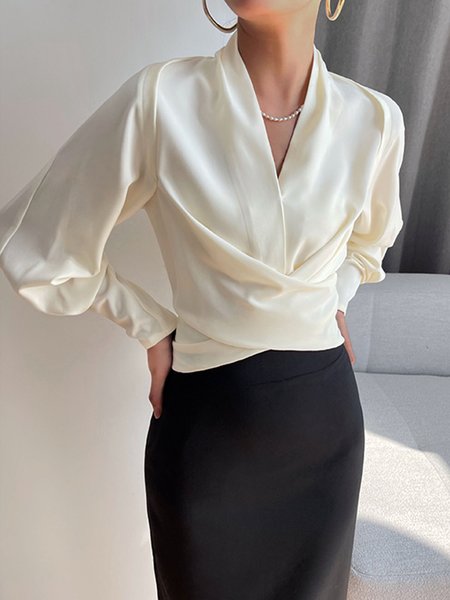 

Plain V Neck Regular Fit Elegant Blouse, White, Blouses and Shirts