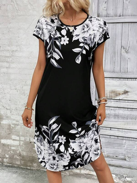 

Knitted Casual Crew Neck Floral Dress, Black, Casual Dresses