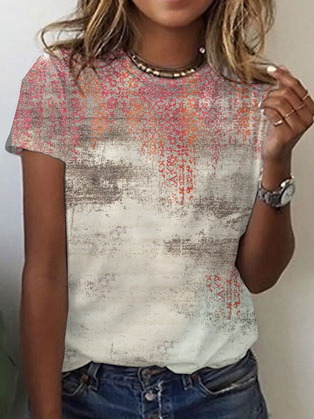 

Casual Loose Crew Neck Ethnic T-Shirt, Red, T-Shirts