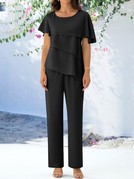 

Crew Neck Elegant Plain Two-Piece Set, Black, Suit Set