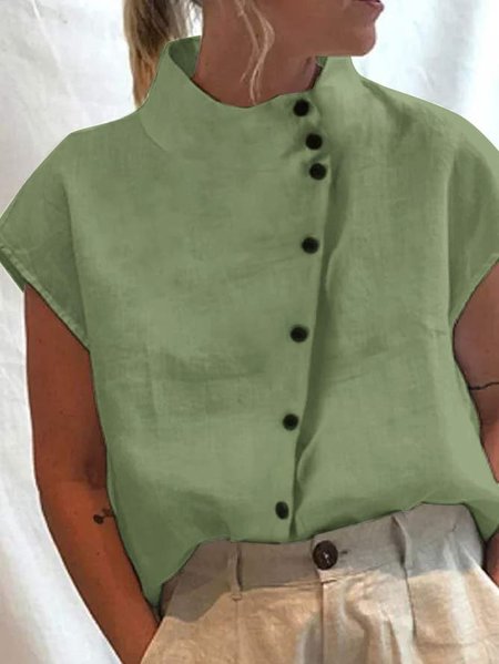 

Women's Shirt Blouse Linen Cotton Turtleneck shirt Plain Casual Button Short Sleeve Elegant Fashion Basic Standing Collar Regular Fit Spring Summer, Green, Blouses & Shirts
