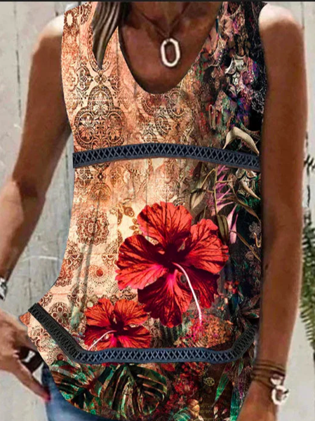 

Casual Crew Neck Floral Lace Tank Top, Red, Tanks & Camis