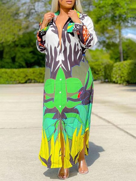 

Loose Vacation Shirt Collar Color Block Dress, Multicolor, Maxi Dresses