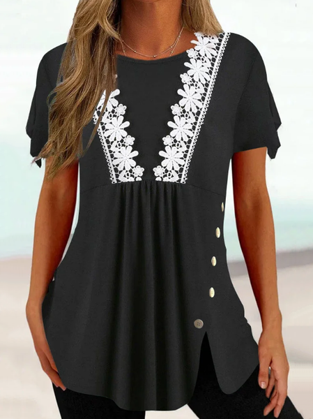 

Lace Edge Plain Knitted Casual Shirt, Black, Shirts & Blouses