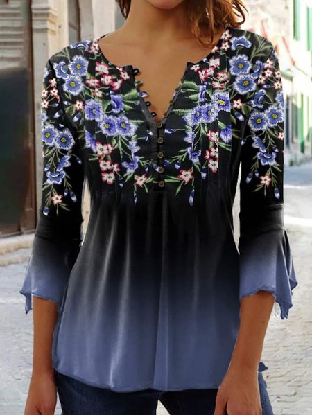 

Casual Loose Buckle Tunic Blouse, Deep blue, Blouses