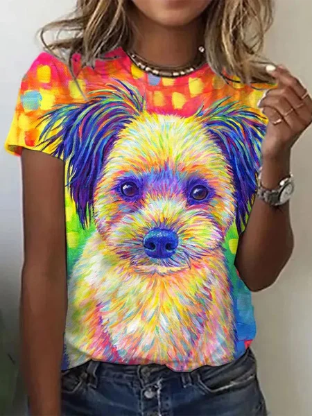 

Casual Crew Neck Loose Dog T-Shirt, Yellow, T-Shirts