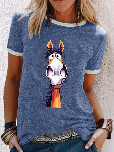 

Women's Hilarious Horse Print Crew Neck Casual T-Shirt, Blue, T-shirts