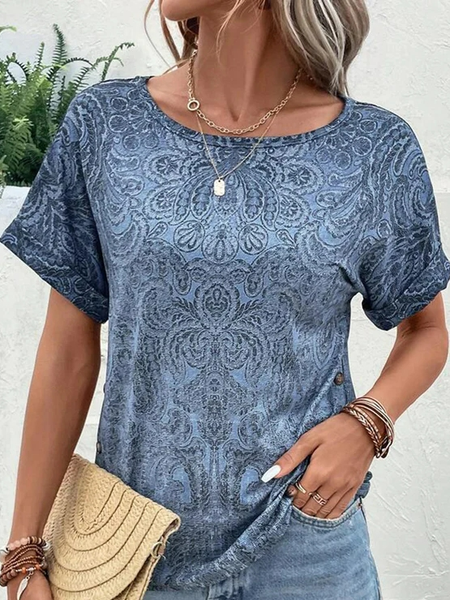 

Floral Loose Casual Crew Neck T-Shirt, Black-blue, T-Shirts