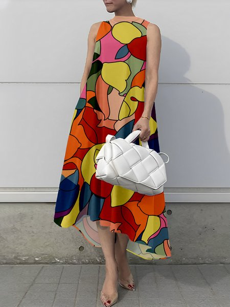 

Elegant Boat Neck Abstract Loose Midi Dress With No Belt, As picture, Midi Dresses