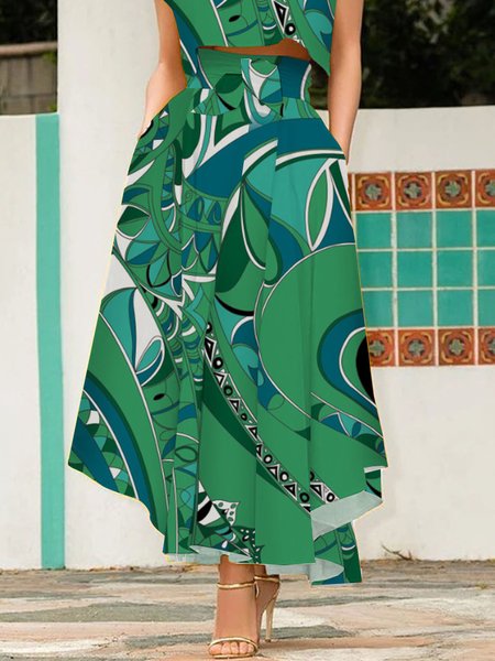 

Vacation Abstract Graphic Skirt With Belt, Green, Skirts