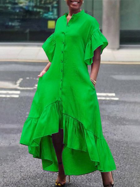 

Daily Plain Elegant Stand Collar Dress, Green, Midi Dresses
